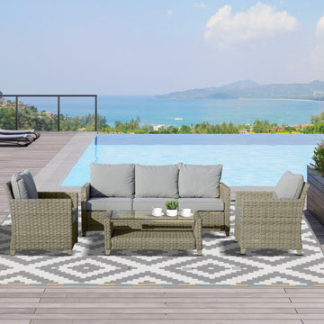 4 Pieces Patio Wicker Sofa Set, Outdoor PE Rattan Sectional Conversation Aluminium Frame Furniture Set w/ Padded Cushion & 2-Tier Tea Table, Brown