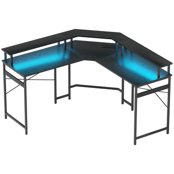 'L' Shaped Work Desk, with LED Lights - Black