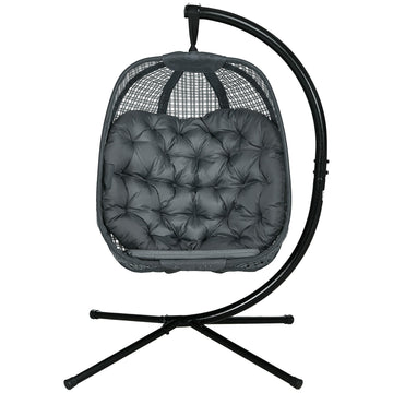 Outdoor Swing Chair with Thick Padded Cushion, Patio Hanging Chair with Metal Stand, Egg Chair with Foldable Basket, Cup Holder, for Indoor and Outdoor, Dark Grey