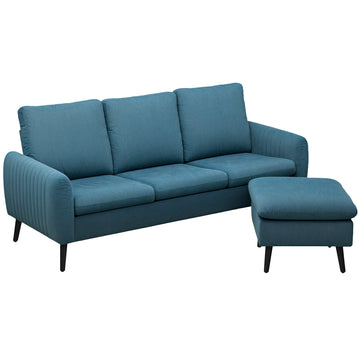 Fabric Sofa with Ottoman, Corduroy L-shaped Sofa Couch with Scatter Back, Reversible 3-Seater Chaise Lounge for Living Room, Home Office, Small Spaces, Blue