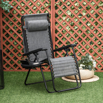 Foldable Reclining Garden Chair with Headrest, Zero Gravity Deck Sun Lounger Seat Chair with Footrest, Armrest, Cup Holder & Canopy Shade, Light Grey