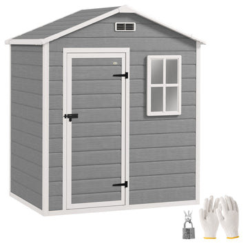 6 x 4ft Garden Shed, Plastic Shed with Floor, Window, Lockable Door and Vents, Wood Effect Resin Tool Shed for Outdoor, Grey