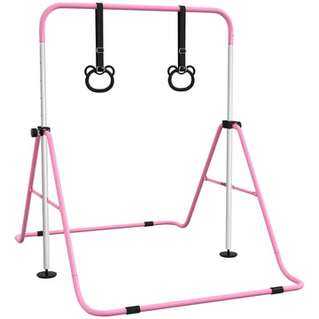 Adjustable Height, Foldable Kids Gymnastics Bar w/ Non-slip Rubber Floor Rings, for 3+ Years, Pink