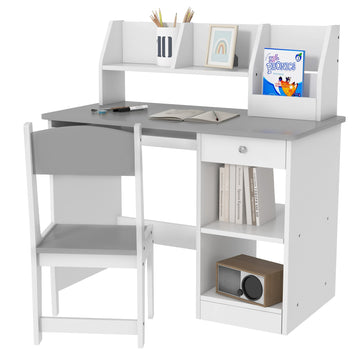Two-Piece Kids Desk and Chair Set with Storage, for Ages 5-8 Years - Grey