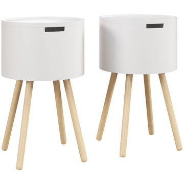 Modern Side Table with Hidden Storage Space, Round Night Stand with Removable Tray Wood Frame End Coffee Table for Living Room, Set of 2, White