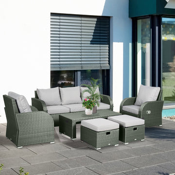 Six-piece Outdoor Rattan Dining Set, Outdoor Sofa Set with Reclining Armchairs and Mental Frame, Grey