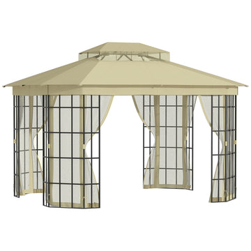 3.7 x 3(m) Patio Gazebo Canopy Garden Tent Shelter with 2 Tiers Roof and Mosquito Netting, Metal Frame, Beige