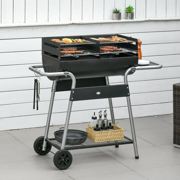 Charcoal Barbecue Grill BBQ Trolley with Double Grill, Adjustable Grill Height, Side Table, Storage Shelf, and Wheels for Outdoor Cooking, 130 x 51 x 111cm, Black