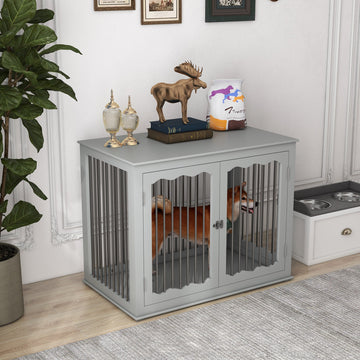 Dog Crate, End Table, with Three Doors, Locks, Latches for Large Dogs, Indoor Use - Grey