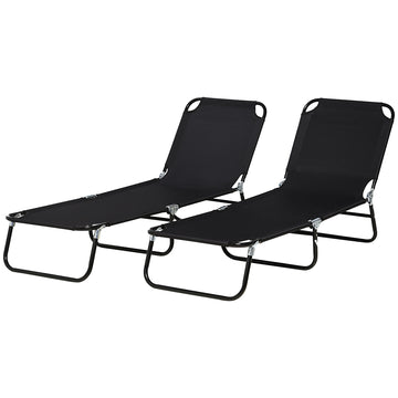 Set of Two Metal Frame Folding Sun Loungers - Black