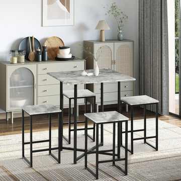 5pc Bar Table Set, Square Dining Table Set for 4 People, Home Kitchen Breakfast Bar Set with Steel Frame and Footrest, Concrete Grey