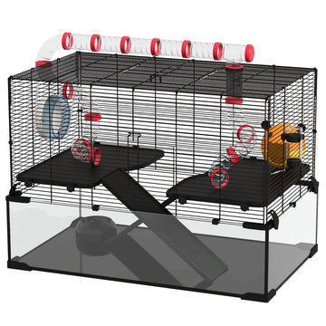 Gerbil Cage, Dwarf Hamster Cage, with Deep Glass Bottom, Tunnels, Ramps, Hut, Exercise Wheel, 78.5 x 48.5 x 57cm