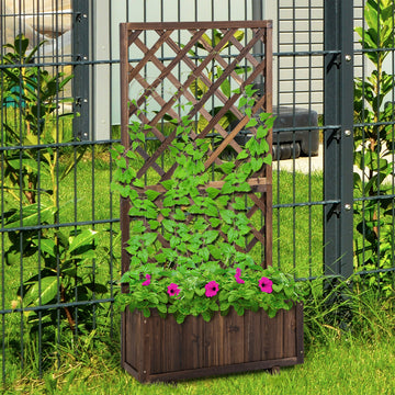 72.5 x 31.5 x 149.5 cm 45L Garden Wooden Pine Trough Planter with Topped Trellis Climbing Plants Flower Raised Bed, Carbonised Finish