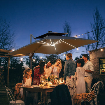 3m Cantilever Parasol, Outdoor Offset Patio Umbrella, Solar LED Lighted Hanging Sun Shade Canopy with Tilt and Crank Handle, Cross Base for Lawn, Beach and Poolside, Grey