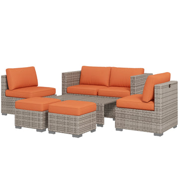Eight-Piece Rattan Garden Set, with Contrast Cushions - Orange/Grey