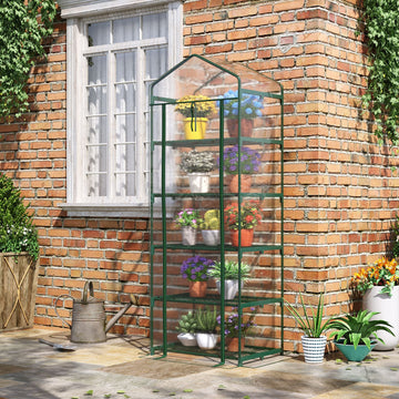 5 Tier Mini Greenhouse, Small Walk-in Greenhouse with Reinforced Plastic Cover, Garden Grow House with Roll Up Door and Shelves, 69 x 49 x 193cm, Green