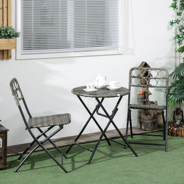3 Pieces Rattan Bistro Set, Wicker Folding Garden Furniture Set with Coffee Table and Chairs for Outdoor, Patio, Balcony, Grey