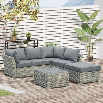 5-Seater Patio PE Rattan Corner Sofa Set, Outdoor Wicker Sectional Conversation Aluminum Frame Furniture Set w/ Padded Cushion, Tea Table with Ice Bucket, Light Grey