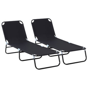 2 Piece Foldable Sun Loungers with 5-Position Adjustable Backrest, Outdoor Portable Recliner Chaise Lounge Chairs with Breathable Mesh Fabric, Black