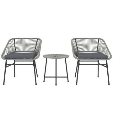 3 Pieces Rattan Bistro Set, Wicker Small Garden Table and Chairs Set with Cushions and Glass Top Coffee Table, Bistro Garden Furniture Set for Outdoor, Patio, Balcony, Light Grey
