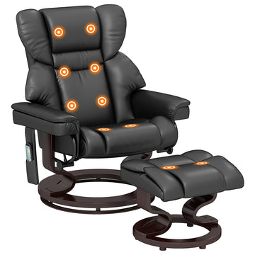 Massage Recliner Chair with Footstool, Upholstered Reclining Armchair with Adjustable Backrest, Steel Frame and Wood Base, Swivel Chair for Living Room, Bedroom, Black