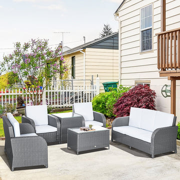 7 Seater Outdoor Rattan Garden Furniture Sets with Wicker Sofa, Reclining Armchair and Glass Table, 181x75x81cm, Grey