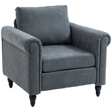 Vintage Accent Chair, Upholstered Occasional Chair with Back Pillow, Rolled Arms, Rubber Wood Legs, Grey