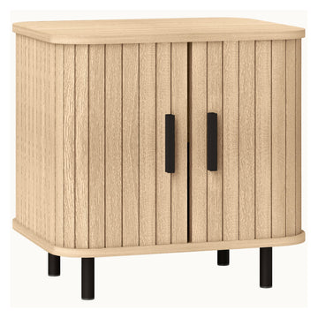 Bedside Table, Nordic Side Table with Roller Shutter Style Sliding Doors and Metal Legs for Bedroom, Living Room, Oak Tone