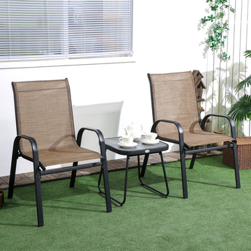 3 Pieces Outdoor Bistro Set, Patio Stackable Armchairs with Breathable Mesh Fabric and SPC Board Coffee Table, Brown