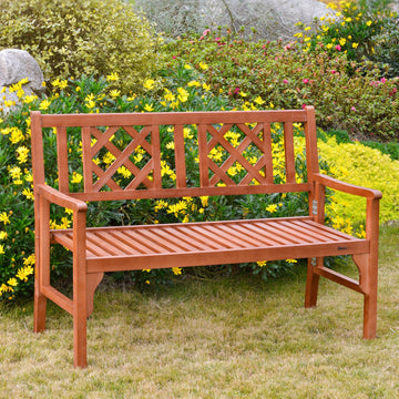 Foldable Garden Bench, 2-Seater Patio Wooden Bench, Loveseat Chair with Backrest and Armrest for Patio, Porch or Balcony, Brown