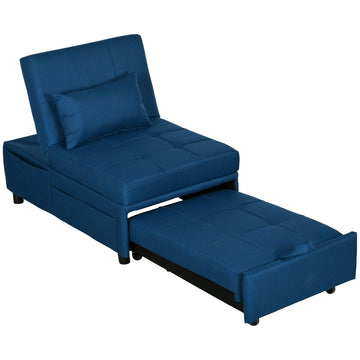 Convertible Chair Bed with Padding Seat, 4-in-1 Multi-Functional Sleeper Sofa Bed, Recliner with Adjustable Backrest, Side Pocket, Wheels and Pillow, for Living Room, Blue