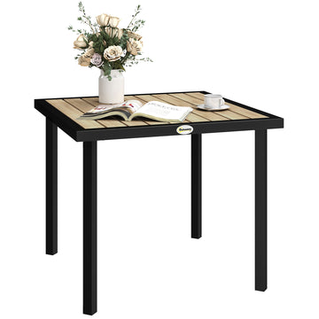 Square Garden Dining Table with 5.4cm Parasol Hole, Slatted Top, Metal Frame, 86 x 86 x 71cm, Brown