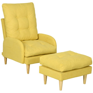 Upholstered Recliner Armchair with Footstool Set, Modern Button Tufted Accent Chair with Adjustable Backrest, Cushions, Wood Legs and Side Pockets for Living Room, Bedroom, Home Study, Yellow