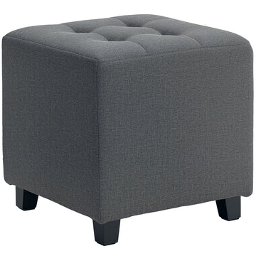 Square Footstool, Small Ottoman with Side Pocket, Linen Fabric Footrest Foot Stool with Rubber Wood Legs and Padded Seat for Living Room, Bedroom, Entryway, 35 x 35 x 35cm, Grey