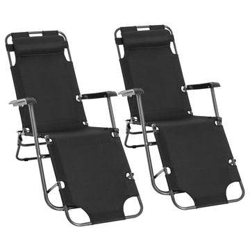 2 Pieces 2 in 1 Sun Lounger Folding Reclining Chair Garden Outdoor Camping Adjustable Back with Pillow, Black