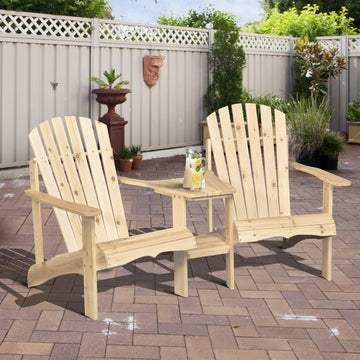 Wooden Outdoor Double Adirondack Chairs Loveseat w/ Centre Table and Umbrella Hole, Garden Patio Furniture for Lounging and Relaxing, Natural