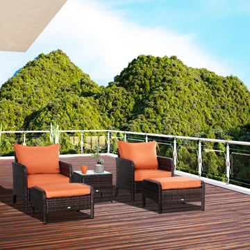 5 Pieces PE Rattan Garden Furniture Set with 10cm Thick Padded Cushions, Wicker Weave Outdoor Seating Chairs with 2 Armchairs, 2 Stools, Glass Top Table, Brown