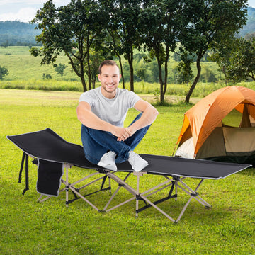 Single Person Camping Bed Folding Cot Outdoor Patio Portable Military Sleeping Bed Travel Guest Leisure Fishing with Side Pocket and Carry Bag - Black