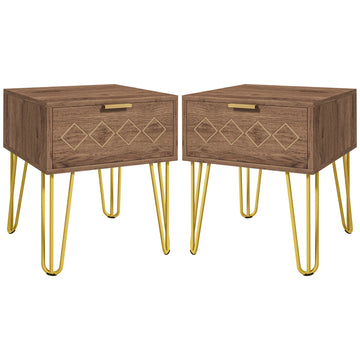 Bedside Table Set of 2 with Drawer, Wooden Nightstand, Modern Sofa Side Table with Gold Tone Metal Legs for Bedroom