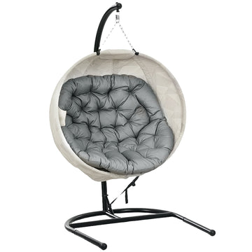 Hanging Egg Chair Outdoor Indoor Garden Swing Chair with Folding Basket, Garden Hanging Chair with Stand, Thickened Cushion, Cup Holder for Patio, Balcony, Grey