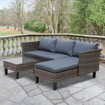 3 Pcs Garden Sofa PE Rattan Set w/ 2 Seats Square Glass Top Coffee Table Thick Cushions Solid Legs Metal Frame Patio Outdoor Balcony Patio L Corner Shape - Grey