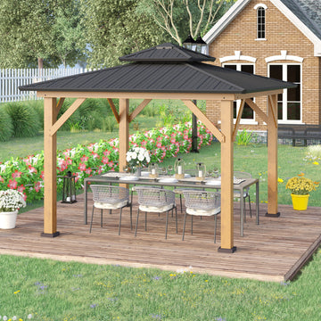 3.5 x 3.5m Outdoor Hardtop Gazebo Canopy with Two-tier Metal Roof and Solid Wood Frame Outdoor Patio Shelter for Patio, Garden, Grey
