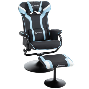 Reclining Chair and Stool Set, Recliner Chair with Headrest, Gaming Chair with Lumbar Support, Pedestal Base for Home Office, Lake Blue