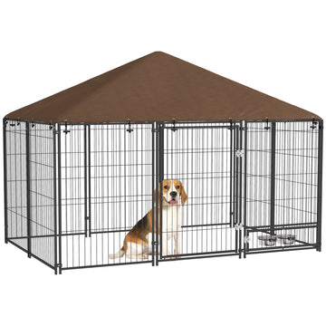 Outdoor Dog Kennel Puppy Play Pen with Canopy Garden Playpen Fence Crate Enclosure Cage Rotating Bowl 211 x 141 x 151 cm