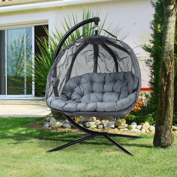Double Hanging Egg Chair 2 Seaters Texteline Swing Hammock Chair with Stand, Cushion and Folding Design, for Indoor and Outdoor, Grey