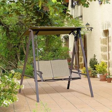 2 Seater Garden Swing Seat Swing Chair, Outdoor Canopy Swing Bench with Adjustable Shade, Metal Frame and Texteline Seat, Brown