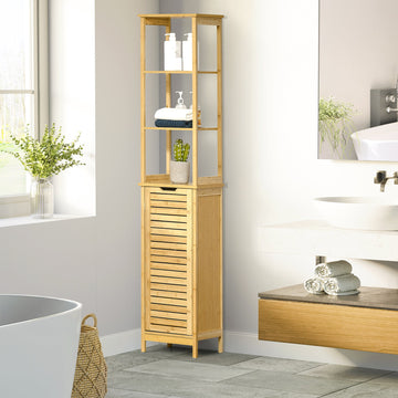 Tall Bathroom Cabinet, Slim Storage Cabinet, Tallboy Bamboo Storage Unit with 3-Tier Storage Shelves and Freestanding Organiser, Natural