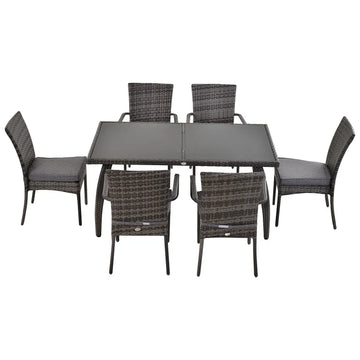 6 Seater Rattan Dining Set with Cushions, Rattan Garden Furniture Set, Outdoor Dining Table and Chairs with 6 Stackable Armchairs, Rectangular Glass Top Table for Patio, Balcony, Grey