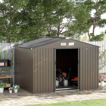 9 x 6ft Metal Garden Shed, Outdoor Storage Tool House with Ventilation Slots, Foundation Kit and Lockable Double Doors, Brown