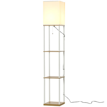HOMCOM Modern Floor Lamp with Shelves, 3 Layer Shelf Tall Standing Lamp with Fabric Lampshade, Pull Chain Switch for Living Room, Bedroom, Bulb not Included, White